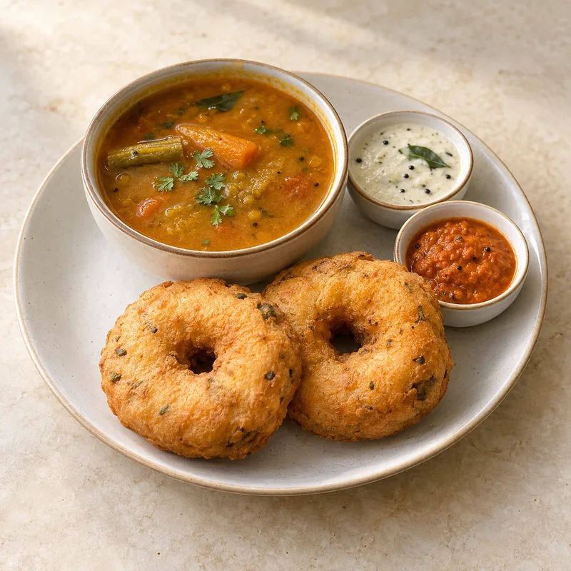 AI illustration of Medu Vada Sambar; actual serving may differ