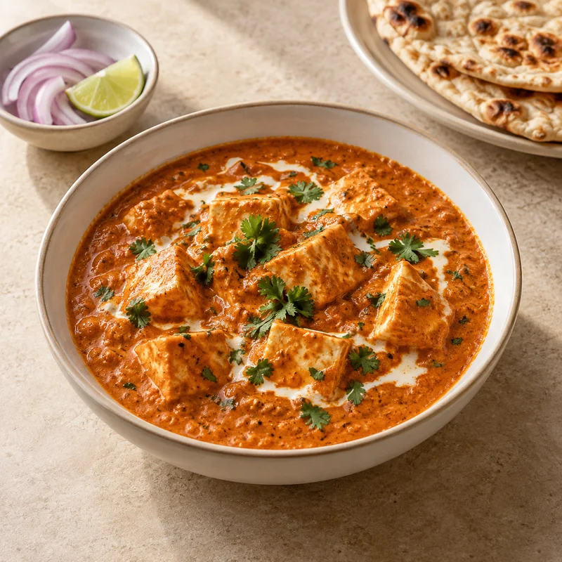 AI illustration of Paneer Butter Masala; actual serving may differ